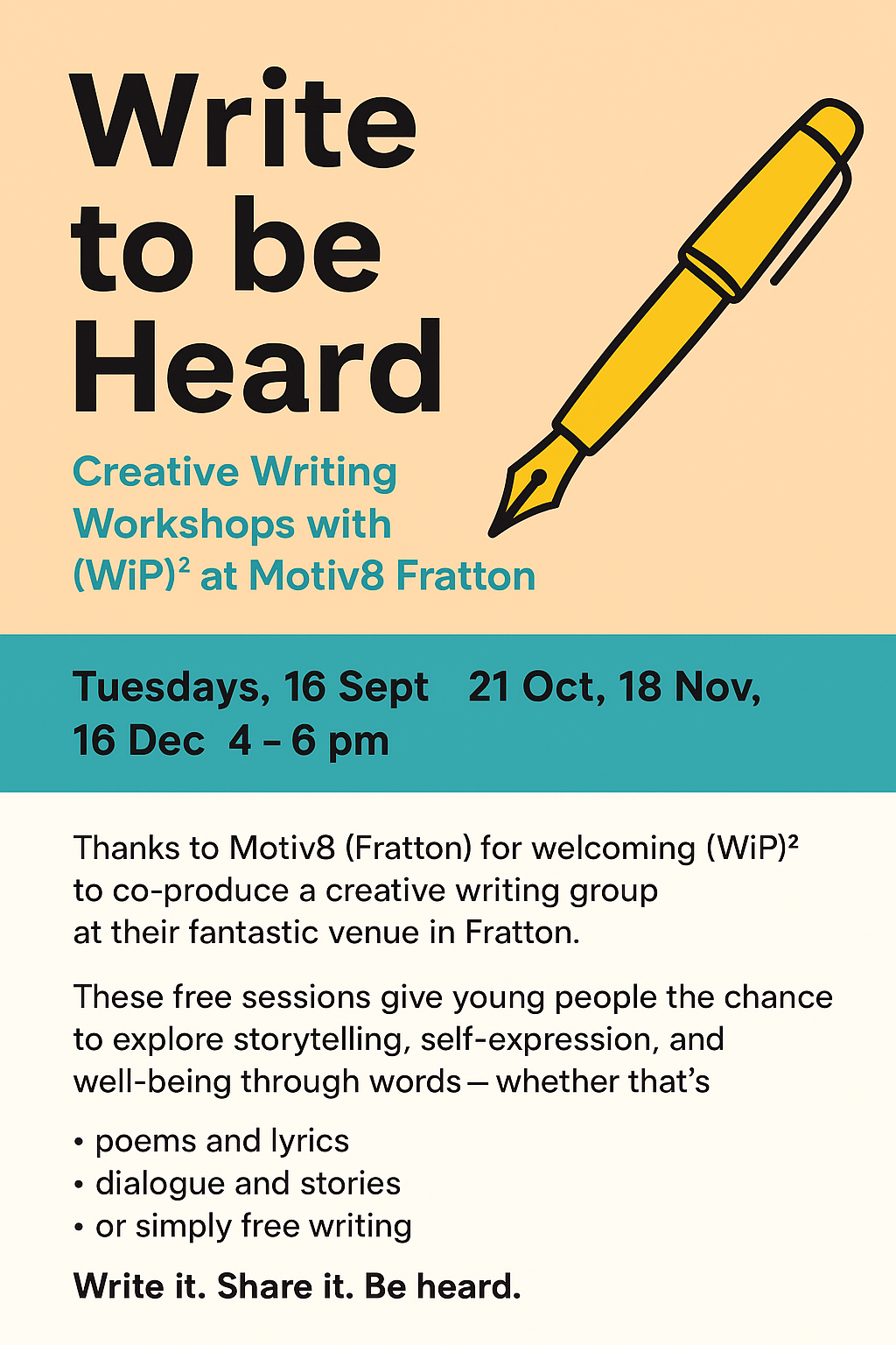 Write to Be Heard

Date: 21st October
Time: 16.00 - 18.00
Location: Motiv8 - Unit 2 & 3 Cumberland Gate, Cumberland Road PO5 1AG
Cost: Free

No experience needed—bring your voice, your ideas, and your curiosity. Write it. Share it. Be heard.